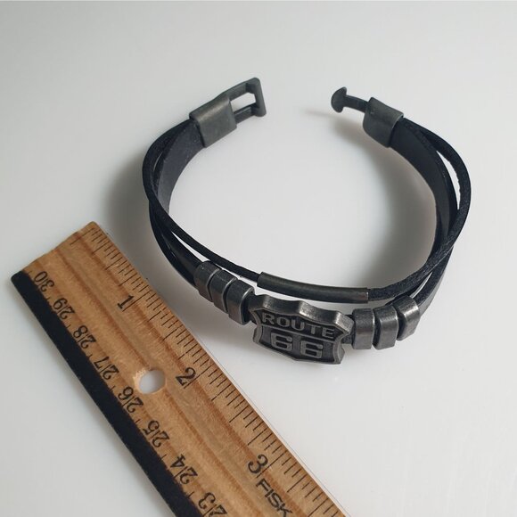 Route 66 Leather Bracelet Black Mens Jewelry Vintage Style Clasp Latch Biker - Picture 6 of 7